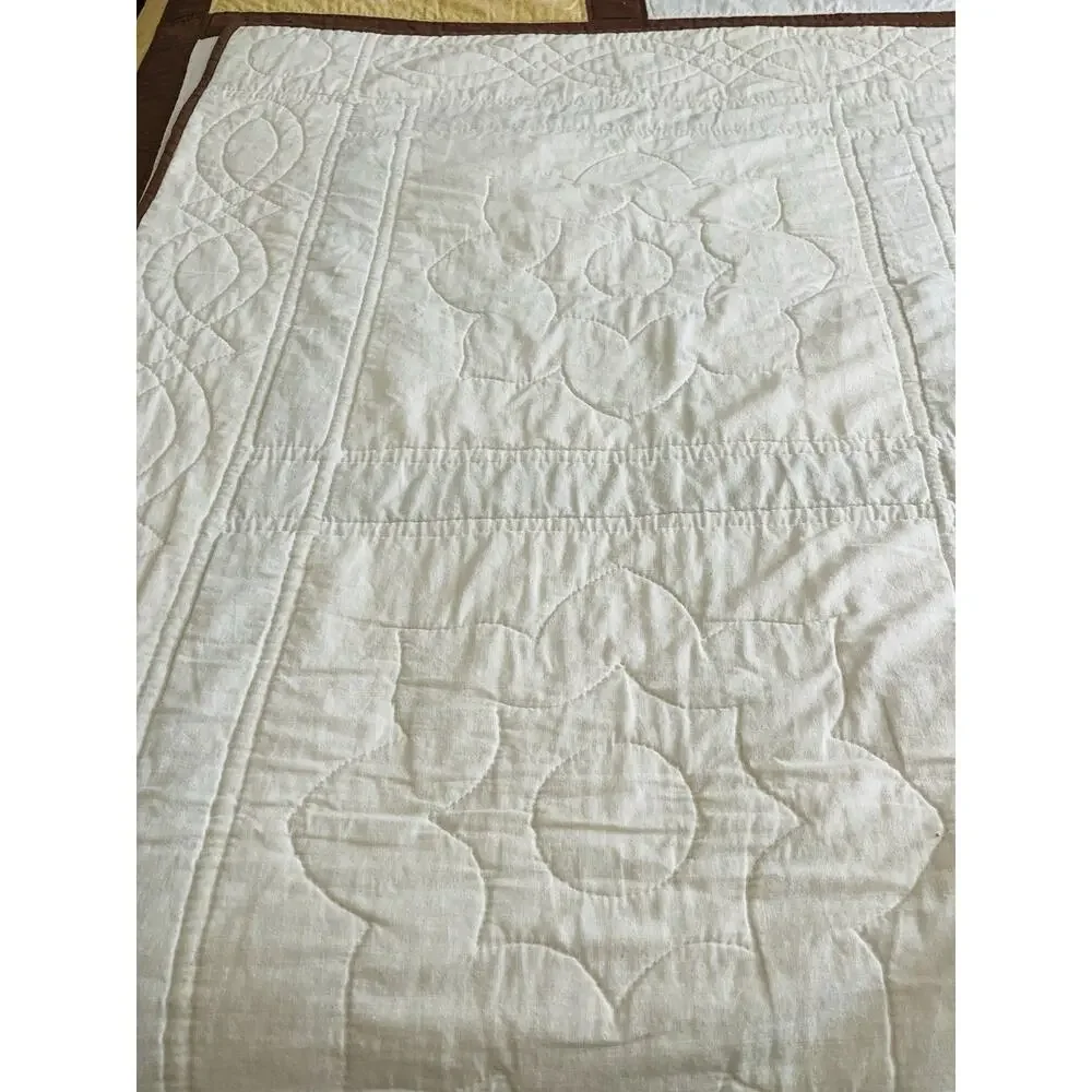 Vintage Hand made Quilt Cross Stitch Coverlet Floral Brown Yellow Moroccan Orang